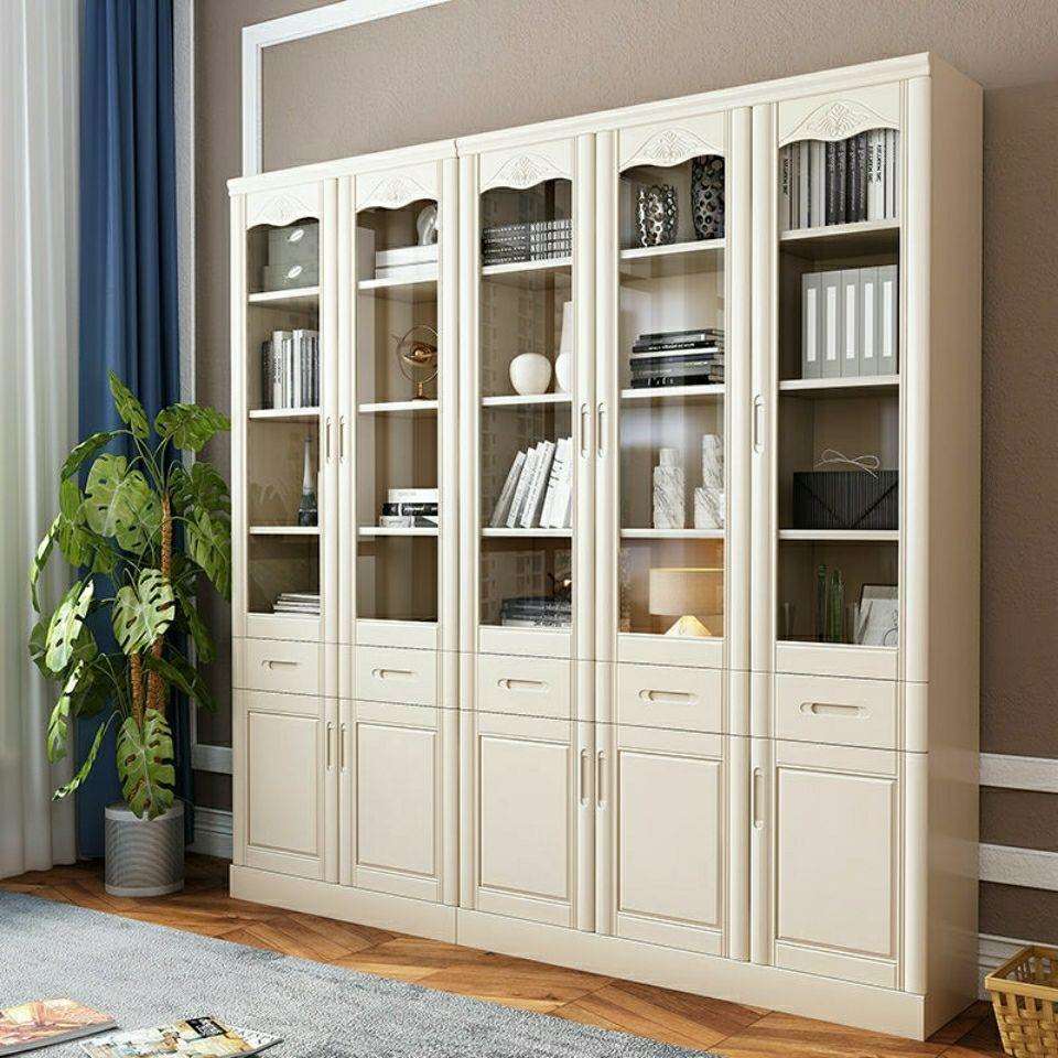 全实木书柜子书架书橱带玻璃门现代简约中式落地奶油风纯木储物柜