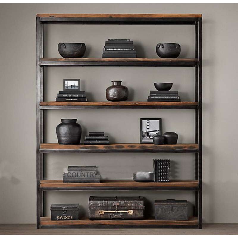 loft美式厨房铁艺置物架 实木复古书架 落地书柜 展示架货架 多层