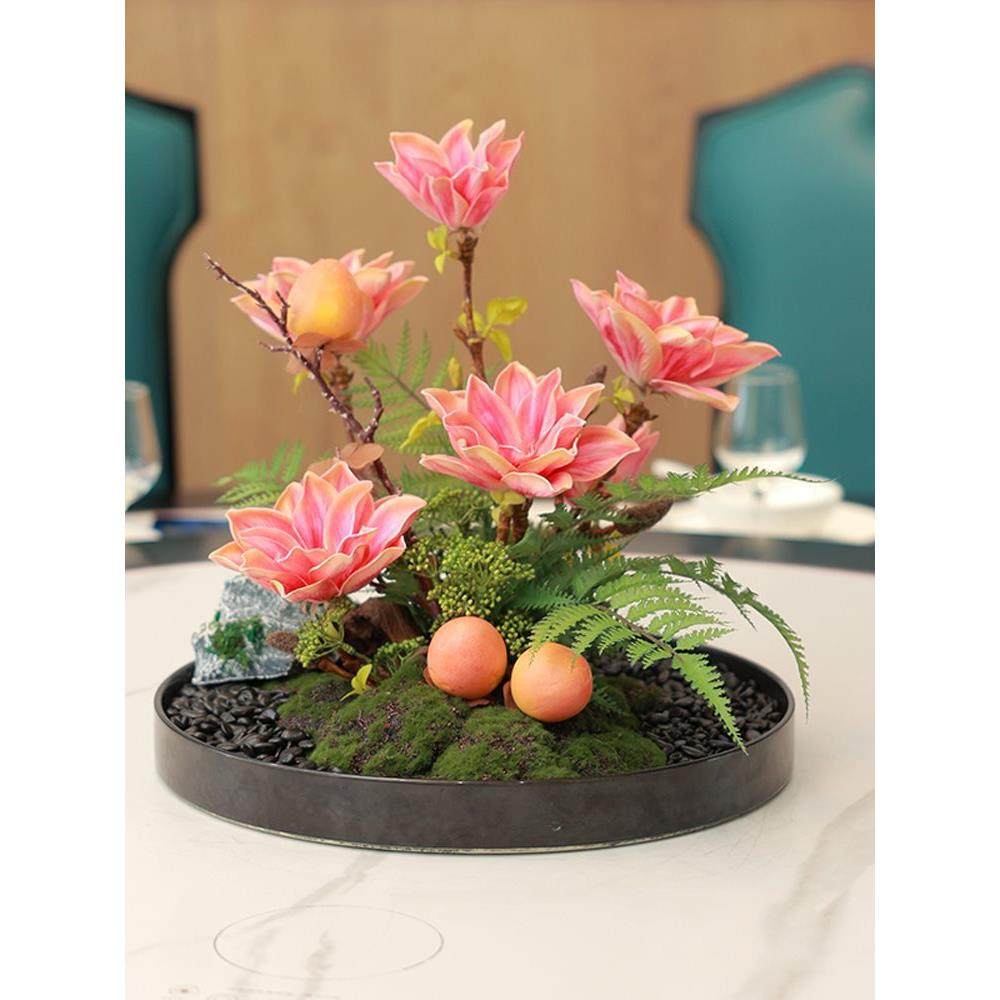 酒店大圆桌假花转盘中间摆件新中式餐桌花摆花餐厅桌面装饰花