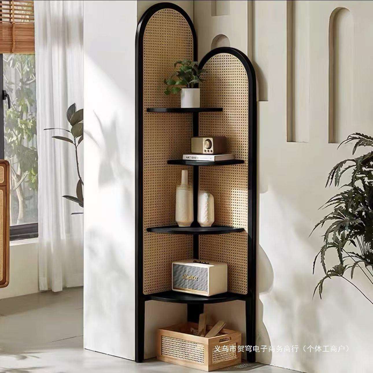 实木角柜客厅复古沙发墙边藤编置物架子中古卧室拐角三角柜收纳架