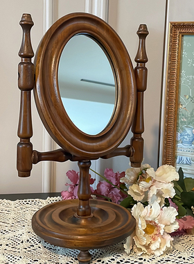 画玩美法式复古镜子女生卧室中古桌面木质化妆镜实木台式梳妆镜