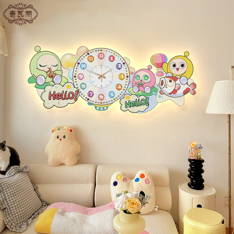 蛋仔派对儿童房装饰画带钟表女孩房床头挂画男孩卧室背景墙壁灯画