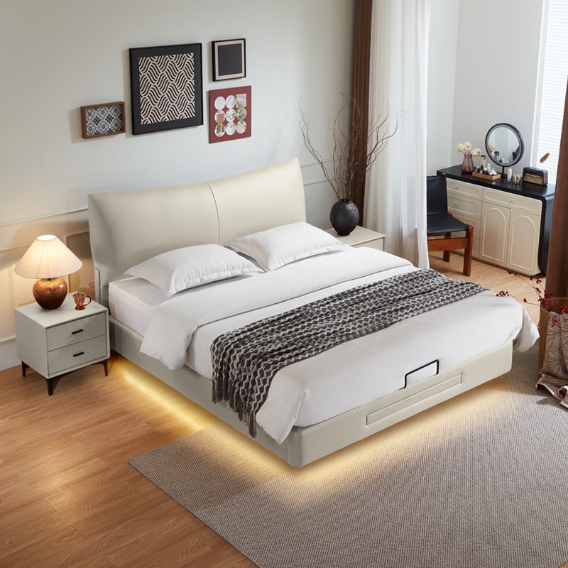 奶油风实木齐边真皮床豪华高级悬浮现代简约主卧高端大气JRC2268