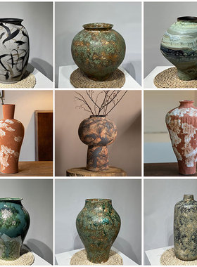 新中式创意水墨花纹陶瓷哑光花瓶摆件样板间置物架民宿陶罐摆设