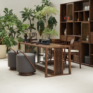 品茶桌椅凳组合办公室茶室家具 北美黑胡桃木茶桌家用茶台新中式