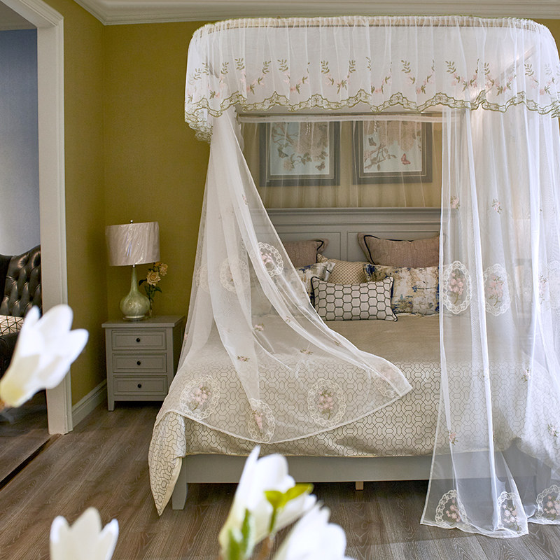 u型轨道蚊帐家用1.8m1.5米床加密加厚导轨支架落地欧式床幔纹帐