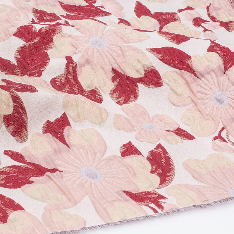 浮雕提花布料粉色暗红3D立体大花朵高档时装连衣裙礼服设计师布料