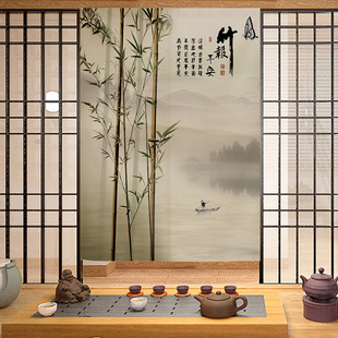 竹报平安新中式门帘家用卧室布艺半帘竹子遮挡帘子厨房厕所隔断帘