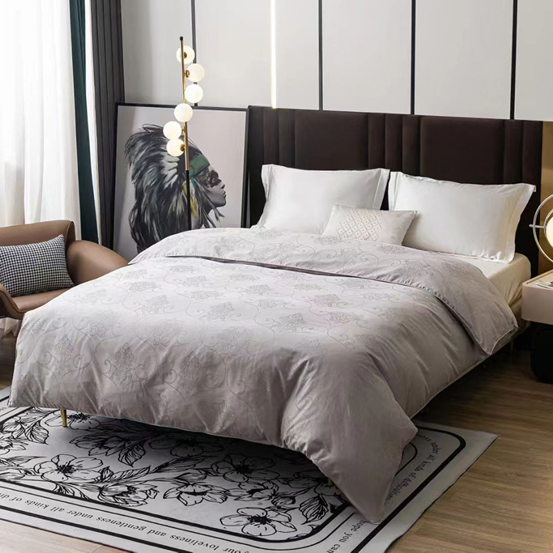 100支轻奢长绒棉纯棉贡缎大提花四件套欧式灰色全棉床单被套枕套