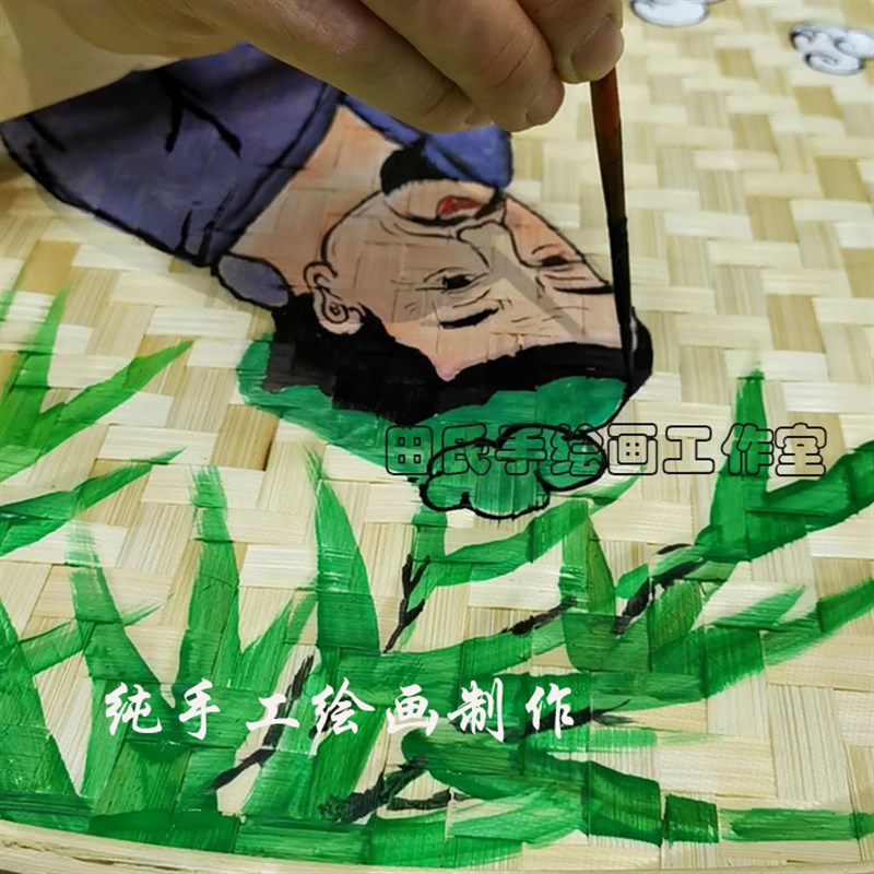 养生采耳店墙面装饰挂件竹编竹筛子簸箕画墙壁挂饰手绘画复古墙饰