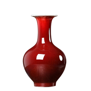 291景德镇陶瓷 中国红朗红釉陶瓷花瓶 手工仿古色釉瓷器花瓶摆件