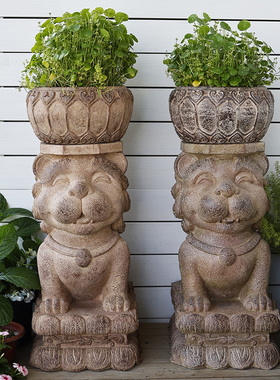 新中式人造石墩花园门口庭院民宿户外花盆底座狮子麒麟石雕摆件