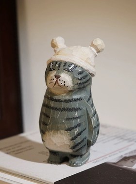 复古创意木雕猫咪个性桌面摆件手工雕刻工艺品书房办公室造景装饰