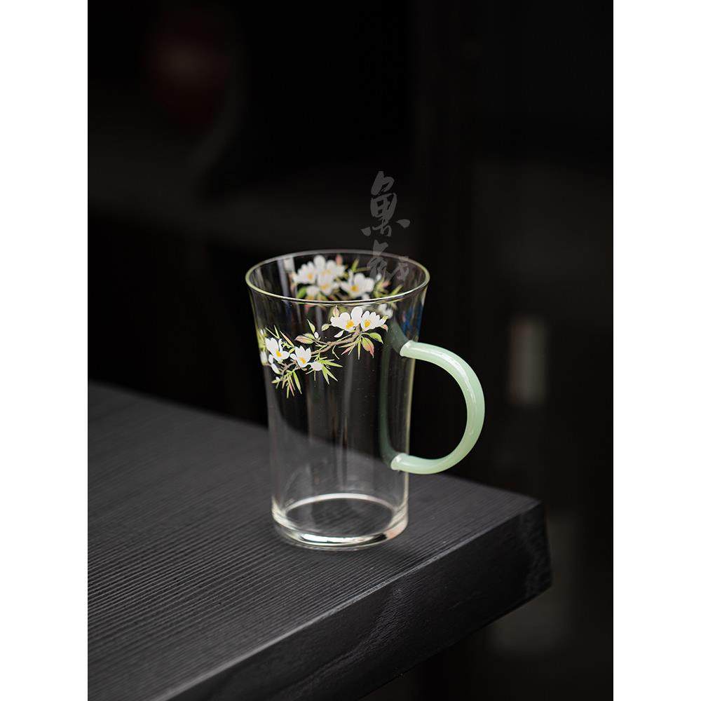 鱼戏耐热玻璃手工贴花带把茶杯水杯家用绿茶品茗杯个人单杯马克杯,餐饮具,茶杯,淘宝优惠券,粉丝福利购,淘宝优惠卷
