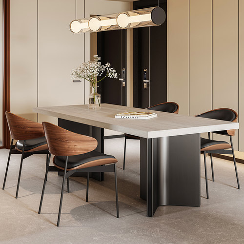 意式简约现代复古长方形下挂洞石岩板餐桌椅组合包豪斯风大户型