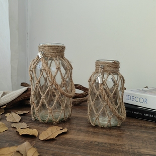 侘寂风文艺手工编织麻绳网袋玻璃花瓶创意花器干花搭配装饰摆件