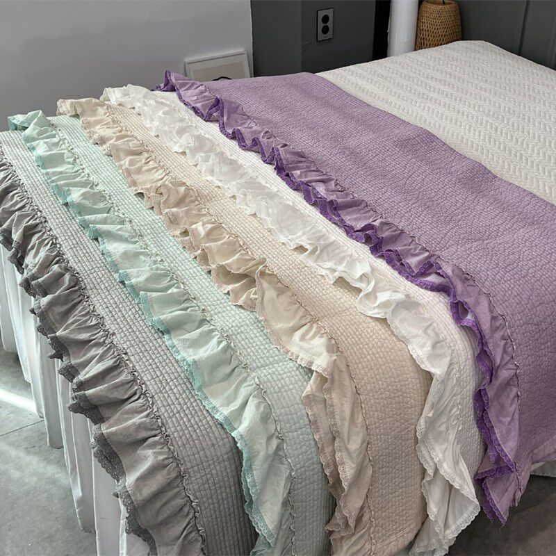 韩国高密度水洗棉绗缝蕾丝花边床单抗菌抗敏可铺可盖纯色柔软床盖