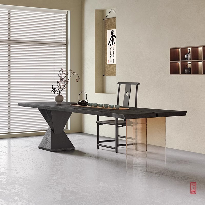 高端实木大板茶桌椅组合轻奢家用会客办公悬浮设计压克力渐层茶台