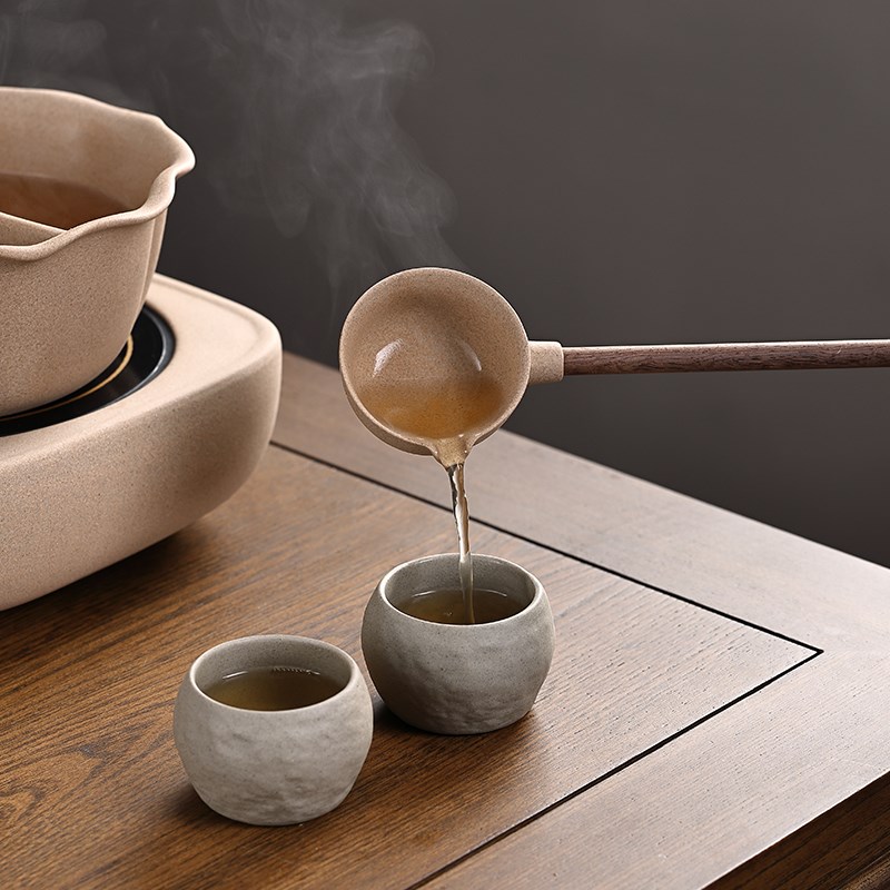 分茶勺防烫分茶器麦饭石陶瓷黑檀木柄勺子茶匙功夫茶具长柄竹舀水