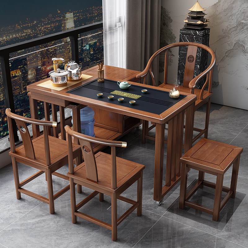 新中式实木旋转茶桌全套阳台移动功夫茶台橡胶木一体泡茶桌椅组合