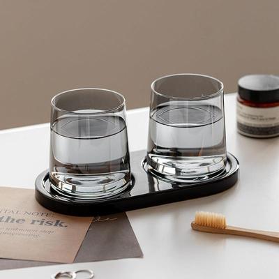 简约酒店民宿黑色漱口杯套装带托 托盘情侣洗漱刷牙杯家用玻璃牙