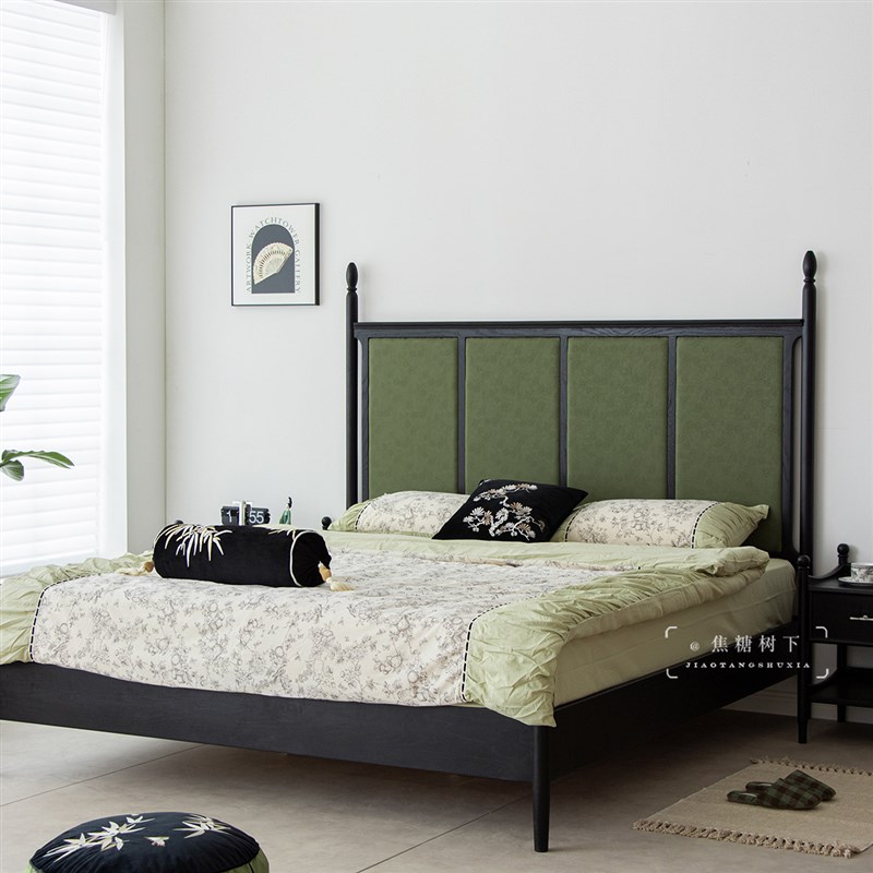 焦糖树下 法式中古风屏风床新中式实木床主卧1米8黑色布艺软包床