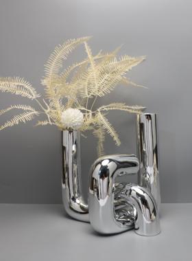 北欧创意电镀银色花瓶树脂摆件客厅样板间居家电视柜餐厅桌面软装