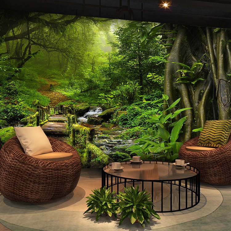 绿色植物森林墙纸3d立体延伸空间壁画客厅背景壁纸饭店咖啡馆装饰图片