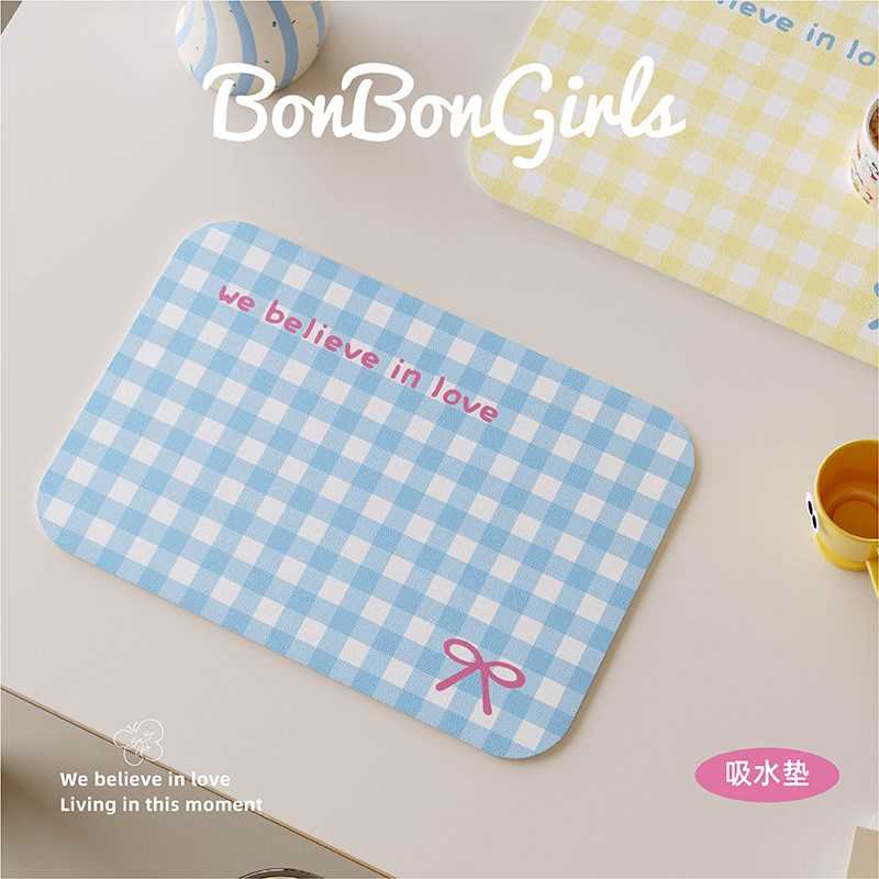 韩系少女格子蝴蝶结餐垫皮革防水防油免洗杯垫咖啡机台面隔热桌垫