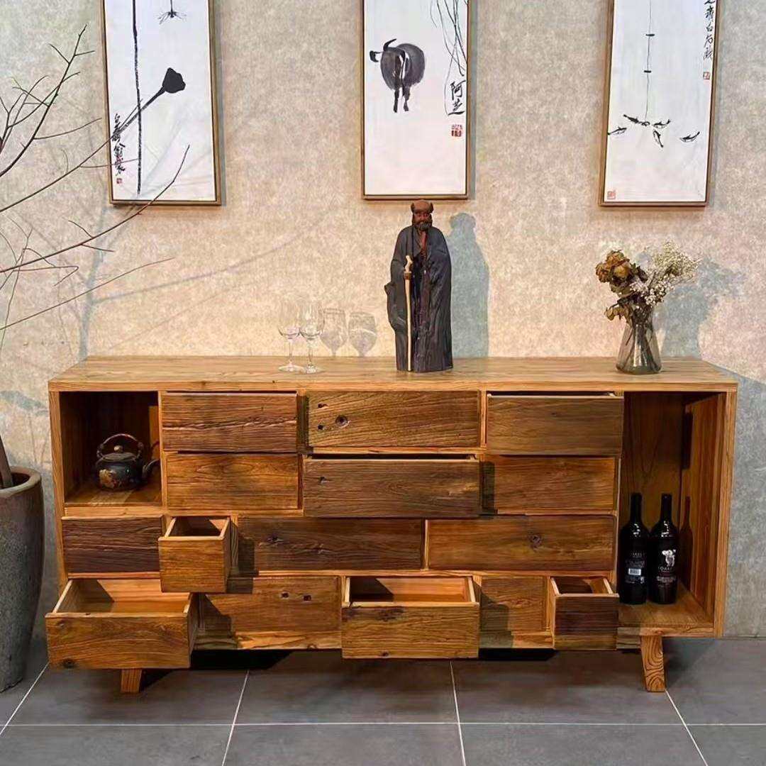 诧寂风老榆木餐边柜实木抽屉式收纳柜客厅玄关置物柜民宿储物柜