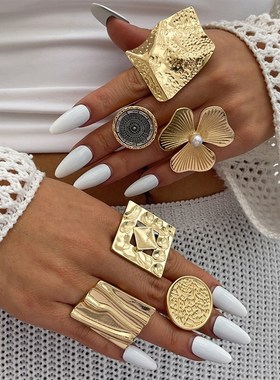 几何方形圆形花朵戒指女2025春季时尚嘻哈小O众设计网红旅拍风指