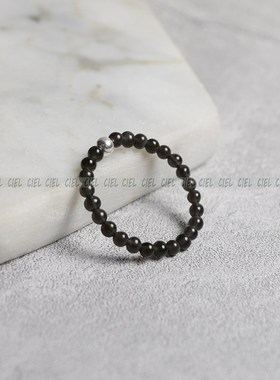 Ciel原创手工天然黑曜石戒指2mm圆珠极细小指环U关节戒尾戒情侣女