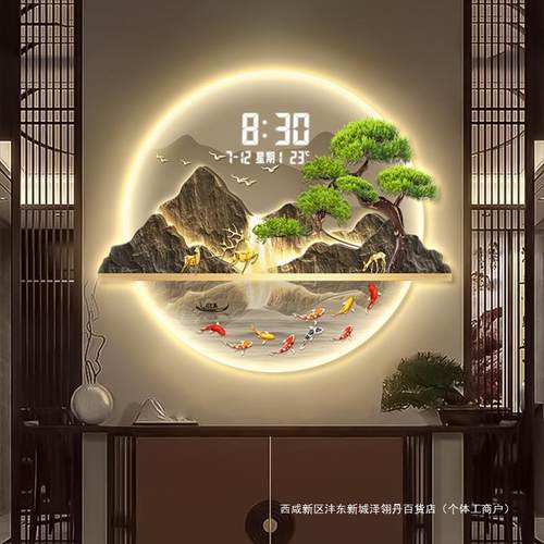 圆形数显钟入户玄关装饰画轻奢2025时钟走廊发光壁画客厅钟表挂画