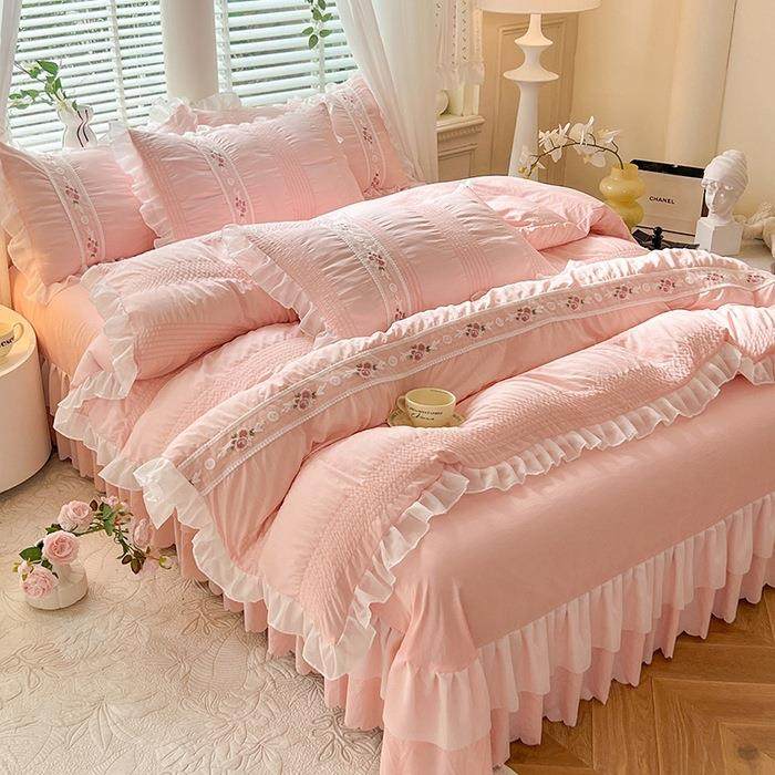 韩版刺绣泡泡纱四件套花边公主风水洗棉被套床裙款单双人床上用品