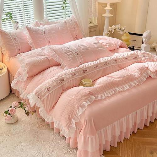 韩版刺绣泡泡纱四件套花边公主风水洗棉被套床裙款单双人床上用品