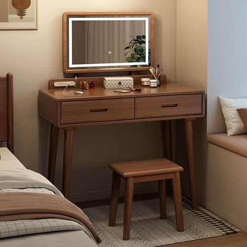 新中式实木梳妆台卧室现代简约化妆桌台带灯收纳柜一体新款化妆柜