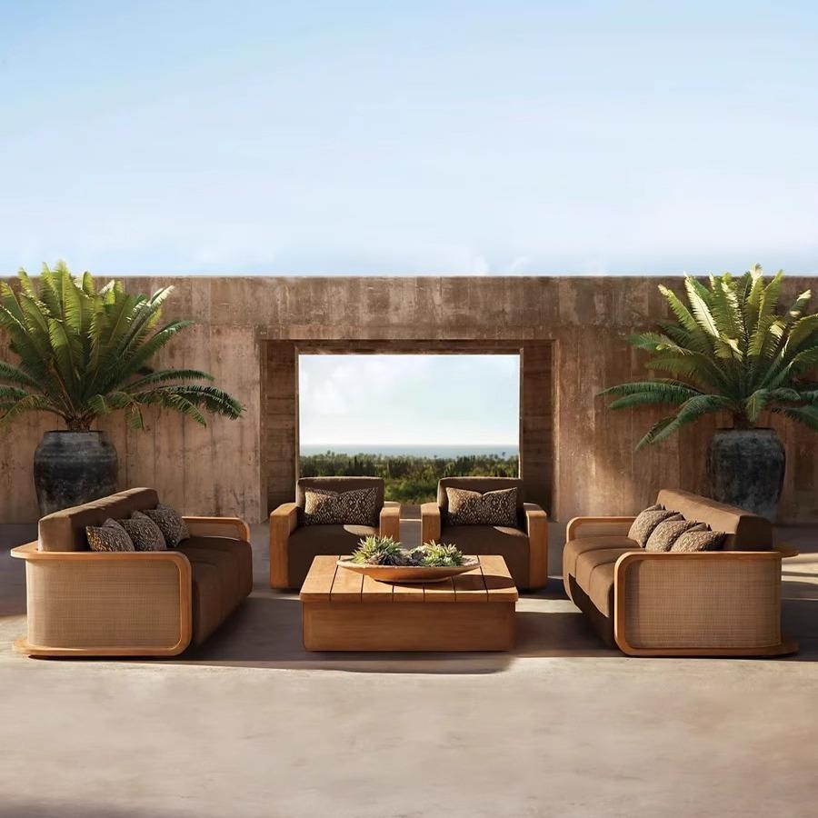 户外柚木沙发防水防晒别墅庭院花园酒店北欧露台防腐实木沙发茶几