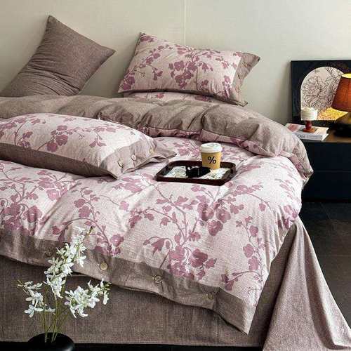 加厚高克重亚麻复古风双层纱印花四件套花边纽扣款四件套可