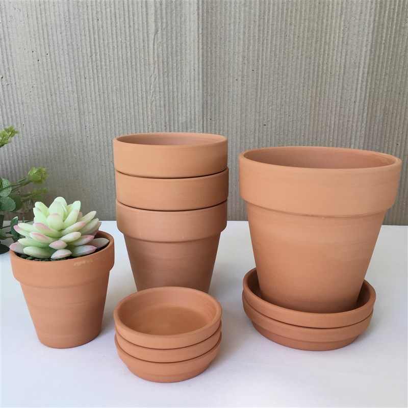 红陶花盆吸水透气圆形细质盆多肉育苗绿萝盆栽带接水盘套装陶土盆
