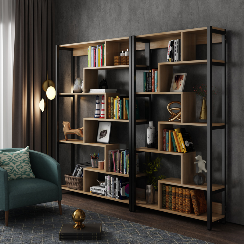 简约多层钢木落地书架置物架办公室隔断展示架儿童学生简易书柜