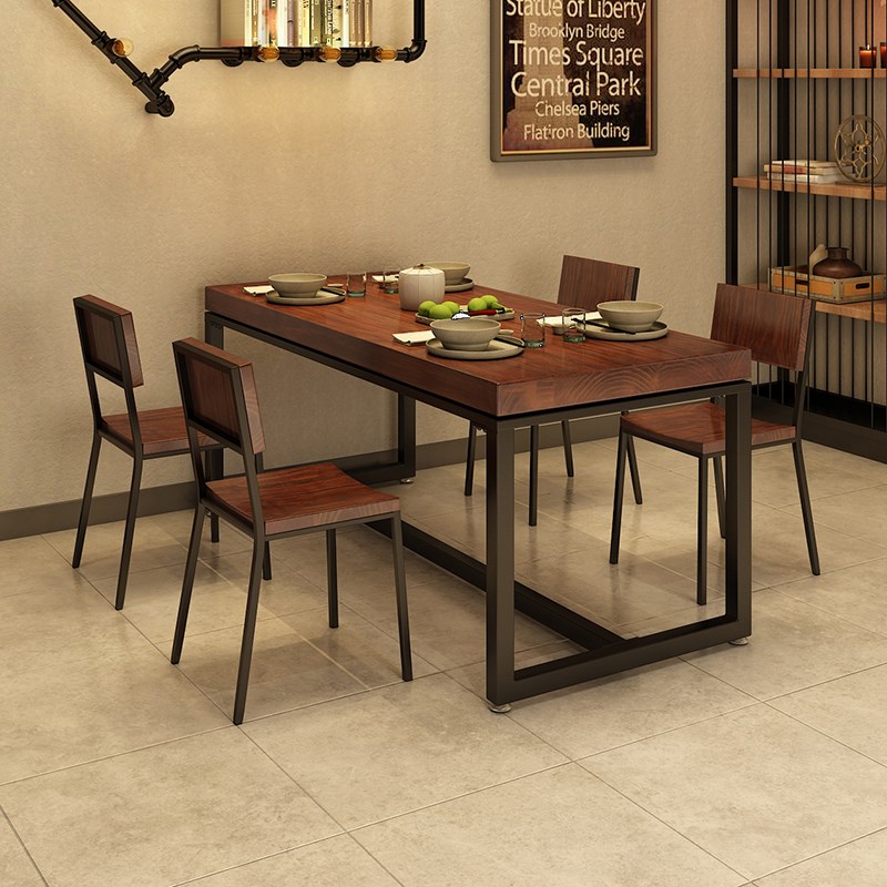 工业风铁艺实木快餐店餐桌椅组合长方形饭店餐厅面馆酒吧桌子1034