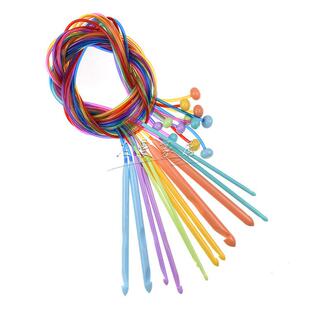 跨境12支彩色地毯钩针ABS塑料毛线勾针 120cm环形针加长带珠钩针