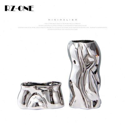 器样板房 酒店软装Rzone现代极简电陶瓷花瓶插花镀间北欧银色饰品