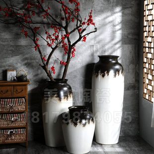 新中式白色陶瓷落地大型花瓶装饰品摆件客厅插花罐干枝陶缸胖陶罐