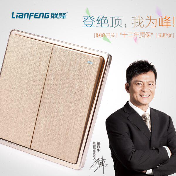联峰开关插座 家用两开二开关86型面板金色拉丝双开单控墙壁开关