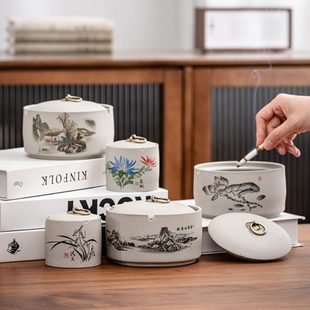 粗陶烟灰缸时尚 饰 家用客厅带盖防风个性 大小陶瓷烟缸防飞灰潮流装