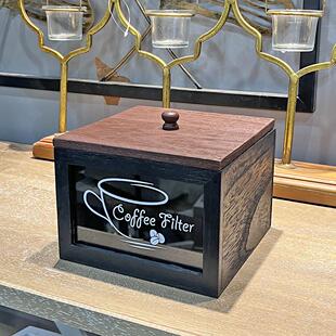 美式木质滤纸收纳盒防尘带盖咖啡过滤纸储物盒茶杯咖啡包置物盒