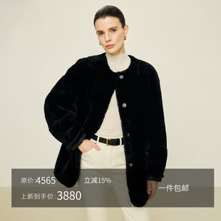 JIXICHEN 欧洲进口美利奴直毛皮毛一体轻盈无领皮草外套 挚爱黑卡