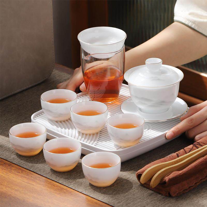 冰种旅行功夫茶具小套装羊脂玉白瓷盖碗可携式茶杯户外喝茶一人独