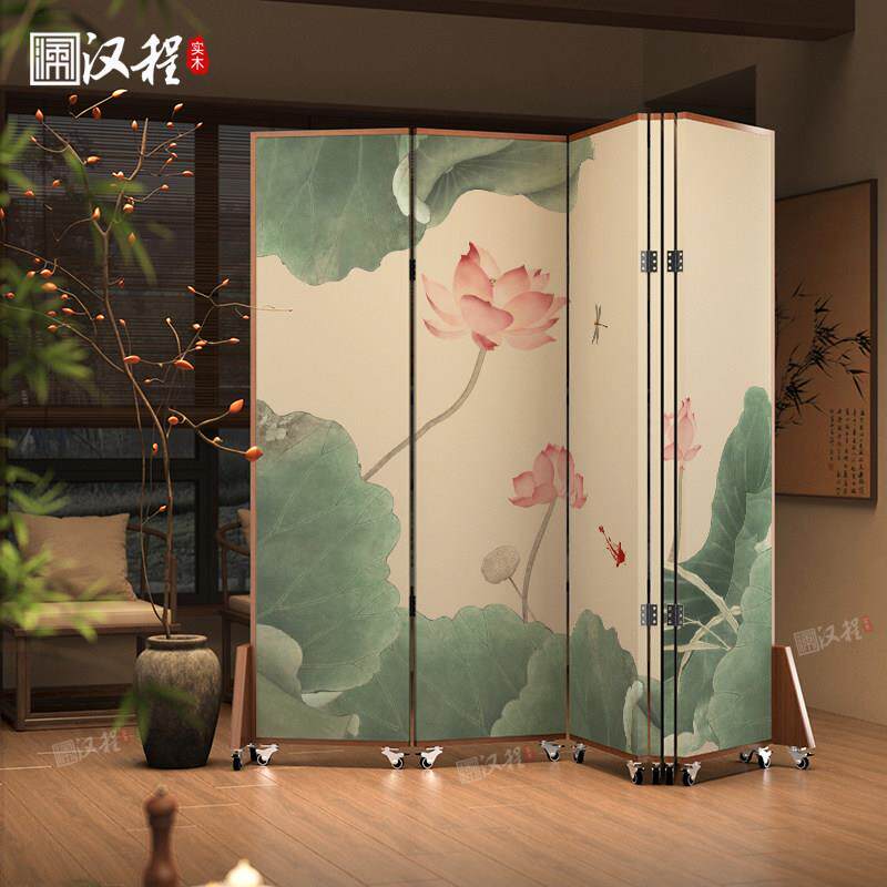 新中式实木屏风折叠可移动客厅荷花隔断进门入户遮挡推拉式带滑轮